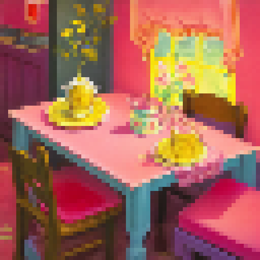 "Honey Heaven" cereal box, adorned with buzzing cartoon bees and golden honeycombs, sits atop a vibrant pink and yellow breakfast table with milk pouring into the bowl, all rendered in a retro 1950s art style.