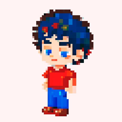 Boy with curly brown hair, vibrant blue shirt, and bold red pants, captured in pixel art with vivid sRGB colors