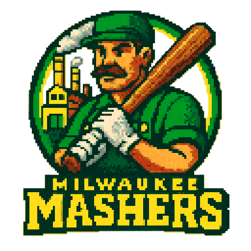 Pixel art of a fictional baseball team called the Milwaukee Mashers. Factory Employee, green, yellow, white, sharp outlines, and soft pixel shading. The logo design mimics 80s MLB logos. Use a vibrant Sega Genesis 16-bit style with selective dithering, geometric forms, and nostalgic retro charm. Avoid modern gradients—keep it pure pixel art.