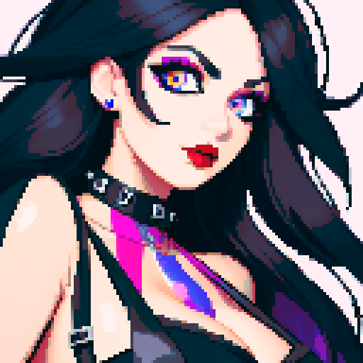 curvy, cute busty goth woman's face, whole head portrait, black hair, purple eyeshadow, red lipstick, low cut black halter top, studded collar, vibrant sRGB colors, pixel art, edgy aesthetic.