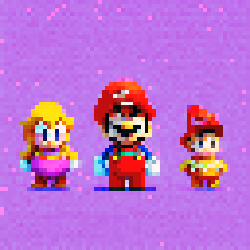 The Mario characters Yoshi, Peach, Waluigi, Daisy, and Toad standing together
