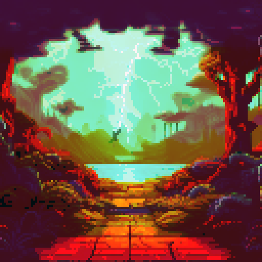 Eerie shadows dance along the pixelated, sRGB hallway as lightning illuminates a haunting landscape beyond the window