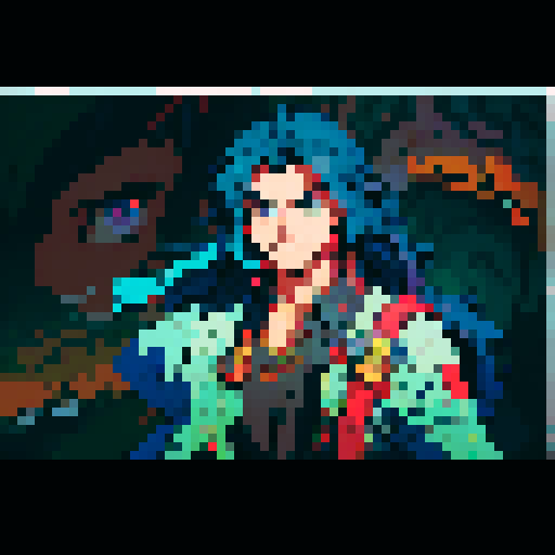 handsome man, long hair, grinning, vibrant colors, pixel art, sRGB, stylized details, expressive eyes