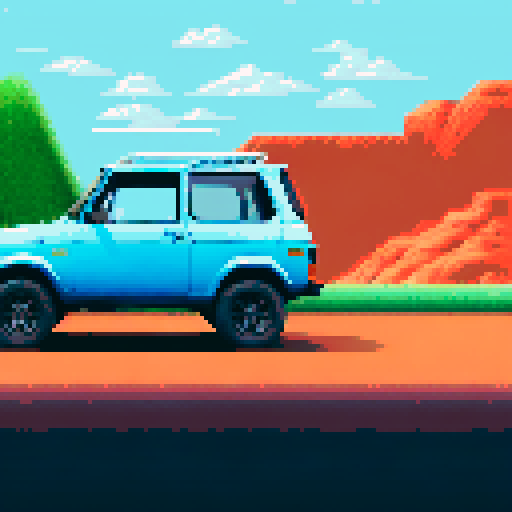 Photorealistic, centered Lada Niva in a three quarter view, right wheel in front, clean background, pixel art style with sRGB colors