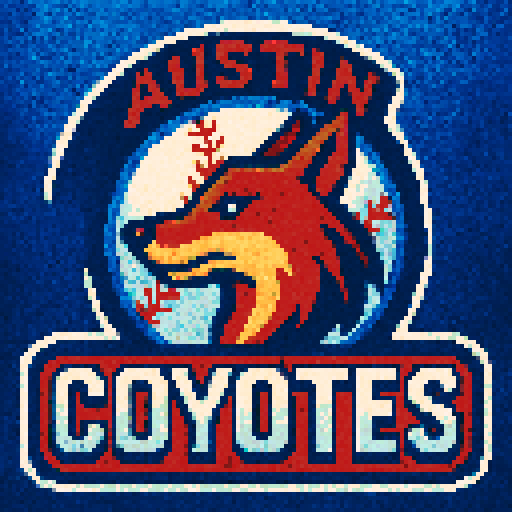 Pixel art of a fictional baseball team called the Austin Coyotes. Simple logo, sharp outlines, and soft pixel shading. The logo design mimics 80s MLB logos. Use a vibrant Sega Genesis 16-bit style with selective dithering, geometric forms, and nostalgic retro charm. Avoid modern gradients—keep it pure pixel art.