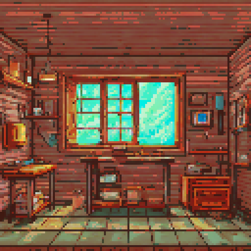 It is the 19th century, a cluttered workshop with wooden boards on the floor, walls adorned with woodworking tools, workbenches scattered with tools, there is a window, in a 16bit pixel art style





