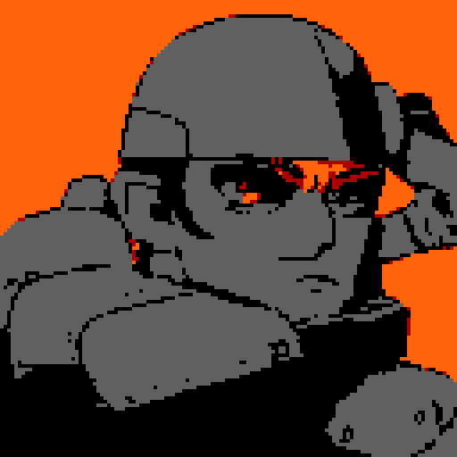A soldier with inspirations taken from a space marine with gray armor and a few orange elements with a visible swat helmet and visor with light reflecting on it. The soldier is supposed to face slightly to the left side just like in the image referenced and so it looks like a dialogue box portrait icon from any kind of RPG. Make so that the source light of the portrait is slightly above and to the left of the soldier, do not make the lighting too realistic, retain cartoony elements.