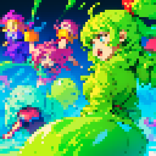 slime, vibrant colors, pixelated heroes, bouncing between people, sRGB, art style
