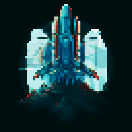 Spaceship, sleek design, metallic exterior, retro aesthetic, pixelated details,blinking lights, computer screens, wireframe outlines, geometric shapes, low-resolution textures, vibrant pixel art style, sRGB color space
View from above
