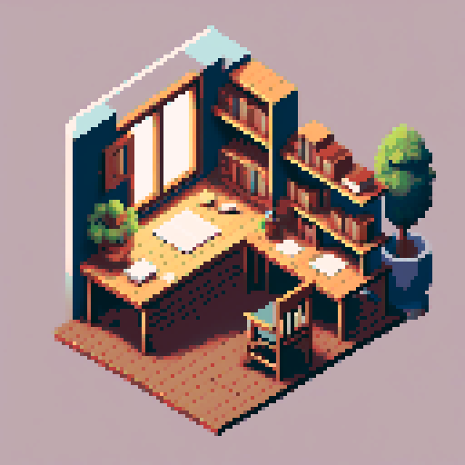 building, inside, block, wood, isometric, writing table, feather pen, ink, papers, books