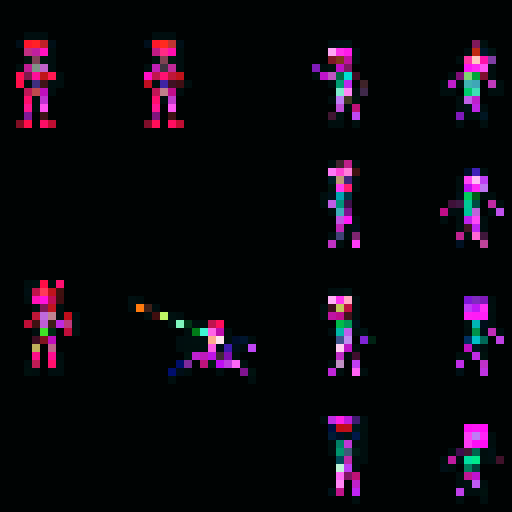 futuristic, cybernetic character with metallic armor, glowing neon accents, wielding a laser sword, running, attacking, falling animations in retro pixel art style, vibrant sRGB colors