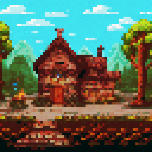 Cozy fantasy tavern with a wooden table adorned with tankards, surrounded by patrons in medieval attire, flickering candlelight casting warm hues on the stone walls, all set against a picturesque pixel art landscape in vibrant sRGB colors