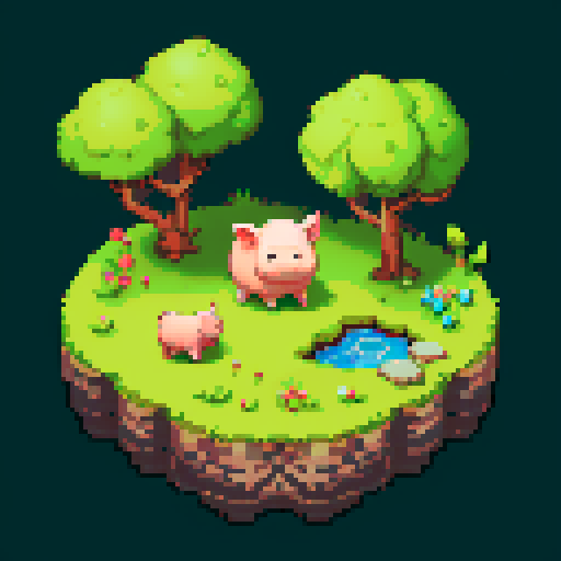 old wise pig character , sitting next to a small stream flowing through a large field, in a dark fantasy text adventure RPG art style