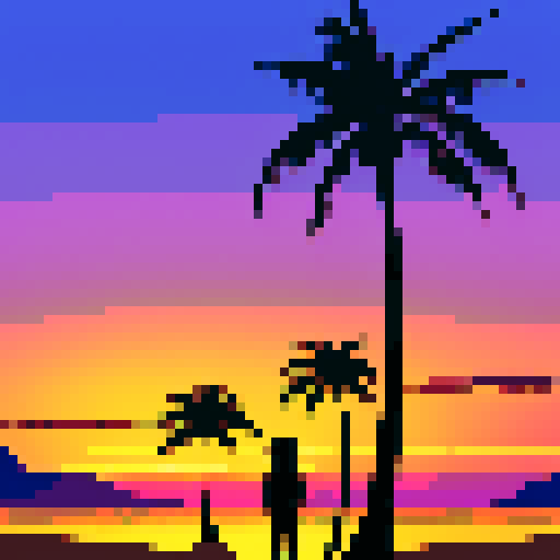 palm trees silhouetted against a fiery sunset sky, golden sand reflecting hues of orange and purple