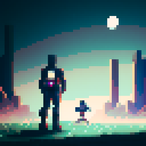 Futuristic hero, armored and stoic, stands atop a lunar rover overlooking a vast, verdant valley beneath a neon-lit night sky in pixel art style