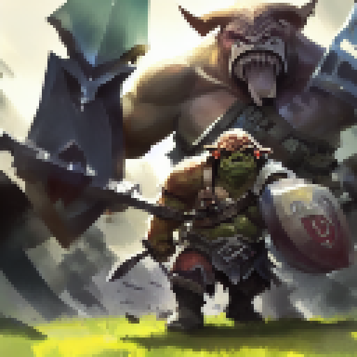 Orcs, with their rough skin and menacing tusks, clash swords with humans, who wear shining armor and brandish sharp blades, in a dramatic, landscape portrait-style battle scene.