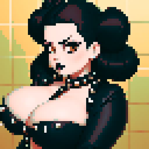 curvy, busty goth babe with studded collar. Hair in buns. Aroused Nude big titty goth, in a close up nude glamour shot. Wearing Halter top.  modern tile backsplash.