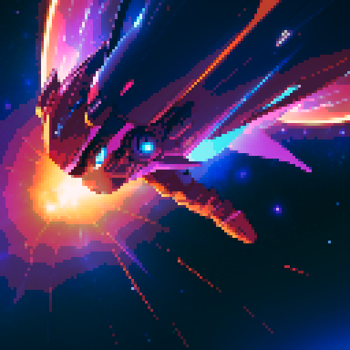spaceship, sideview, vibrant galaxy, swirling nebulas, twinkling stars, pixel art, srgb