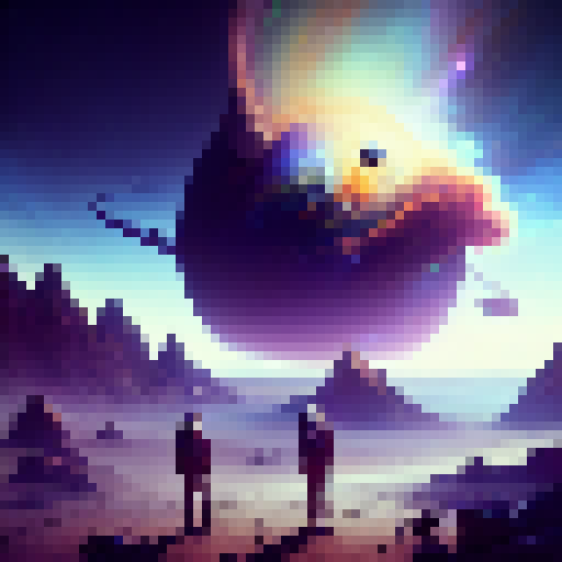 Three brave space travelers stand atop a rocky planet, surrounded by swirling clouds and vibrant galaxies, as a colossal triangle with the all-seeing Eye of Providence gazes upon them; a vector logo rendered in stunning HD with a space wave style that blends realism and fantasy RPG elements, while the text proclaims "Universe is Wise."