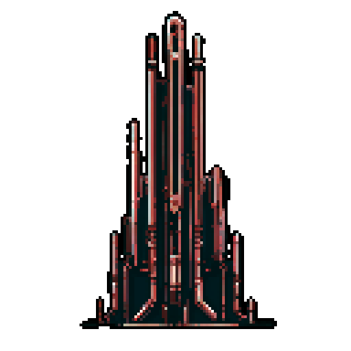 I want a tall vertical copper structure reminiscent of a organ pipe. It should have strange mechanical details that could interlock with each other. I also want this object usable an asset in a videogame, meaning only one object per image, outlined with a strong black stroke, on a solid-color background.