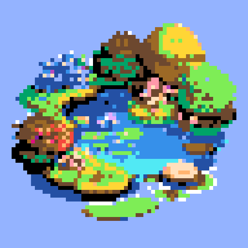 yellow duck in a pond, surrounded by lush greenery and reflecting sunlight in a serene pond with shimmering ripples and pixelated waves, creating a tranquil atmosphere in a picturesque landscape with vibrant colors using intricate pixel art in the sRGB palette
