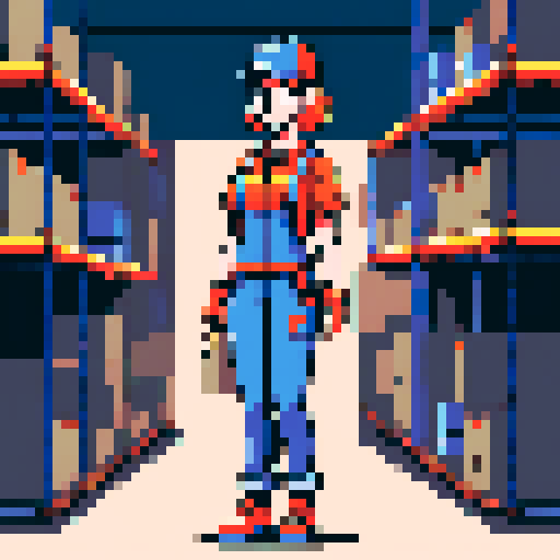 young, female warehouse worker, Amazon Germany, pixel art