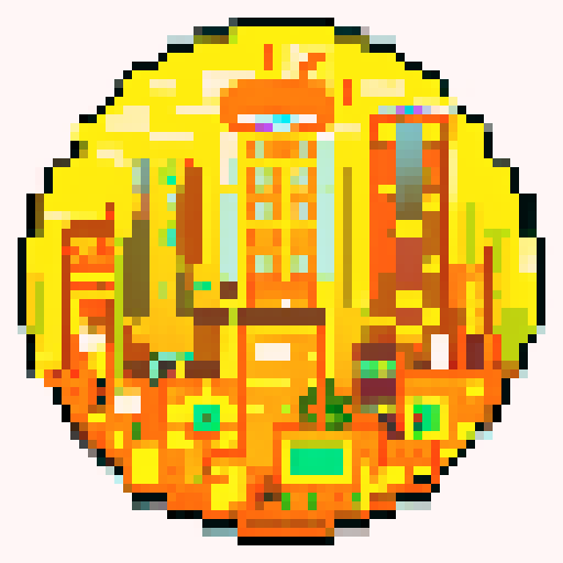 Pixelated skyscrapers towering over a neon-lit city street, bustling with people in suits and briefcases, surrounded by glistening coins and dollar signs, all in vibrant sRGB colors