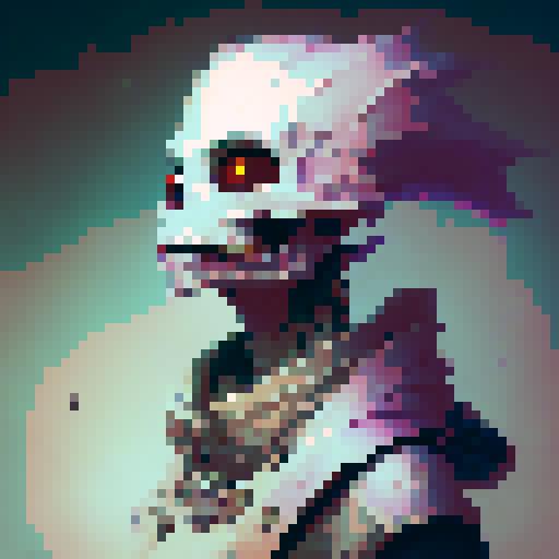 bold, fierce, yet slightly adorable undead skull with a semi-profile, featuring glowing eyes