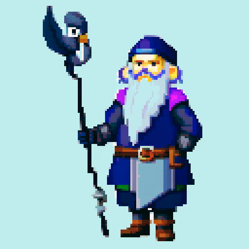old antropomorphic raven druid with grey beard, with staff in hand