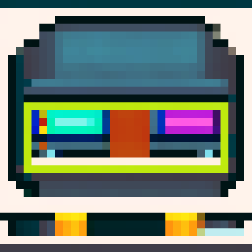 VHS tape in 8bit pixel style. Do not use too many pixels. Black tape with 4 colors on the label.