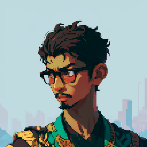 Southeast Asian man, short curly hair, round glasses, tanned, goatee, diamond shaped face, Wearing a robe