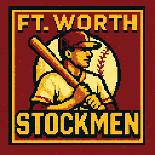 Pixel art of a fictional baseball team called the Ft. Worth Stockmen. red, dark yellow, off white, sharp outlines, and soft pixel shading. The logo design mimics 80s MLB logos. Use a vibrant Sega Genesis 16-bit style with selective dithering, geometric forms, and nostalgic retro charm. Avoid modern gradients—keep it pure pixel art.