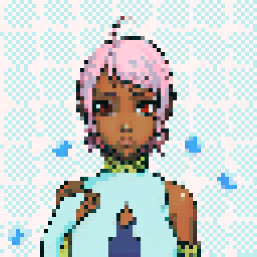 Teenage black girl with pink hair and orange eyes