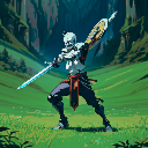 A full body skeleton warrior holding a sword and shield