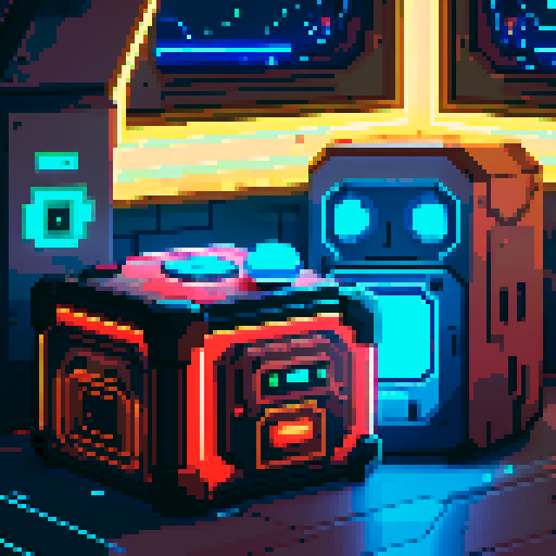 bulky futuristic lootbox, glowing buttons, intricate details, outer space, pixel art style
