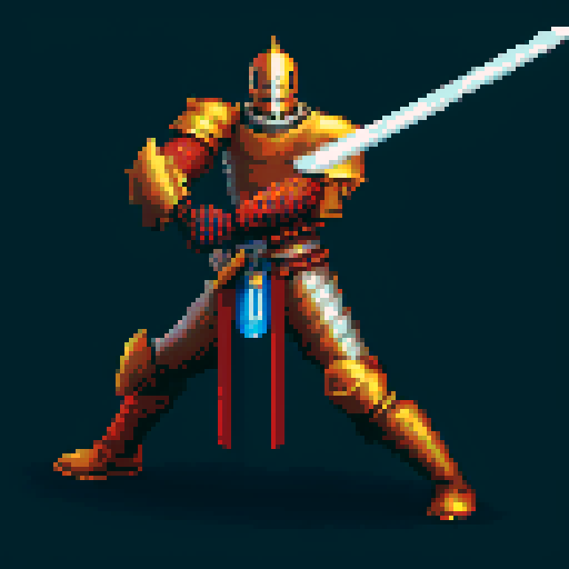 pixel art picture of a human male knight swinging a great sword with both hands, vibrant colors, detailed shading, and smooth lines, heavy armor, combat stance, muscular build, armored helmet, deep red and gold armor, detailed sword, detailed shading, smooth lines