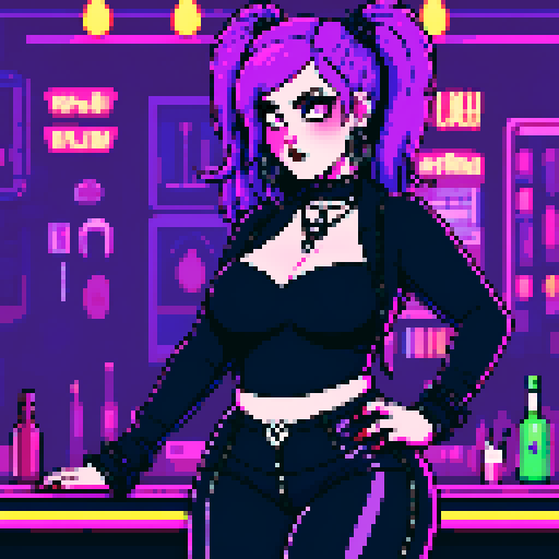 Thicc, curvy, busty goth babe with studded collar, long purple hair in buns, fishnet stockings, studded halter top, posing in neon bar for photo.  neon signage, sRGB