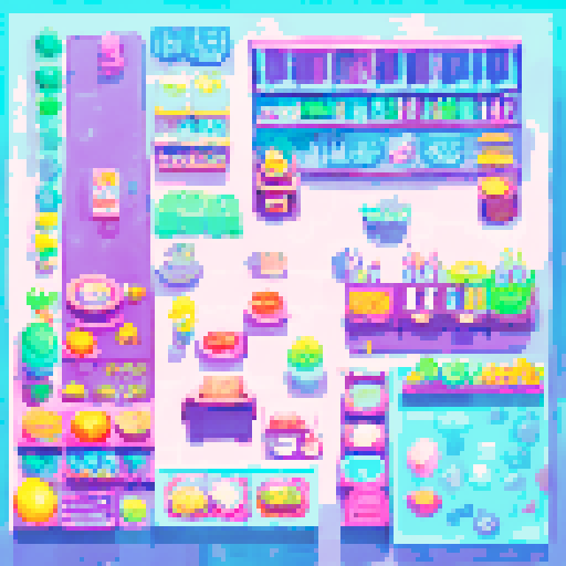 Convenience store checkout, colorful snacks, vibrant sodas, flickering neon lights, landscape portrait