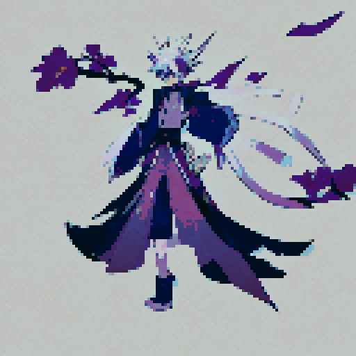 A pale, ethereal figure floats amidst cascading cherry blossom petals, holding a scythe with intricate engravings and wearing a flowing black robe with golden trimmings