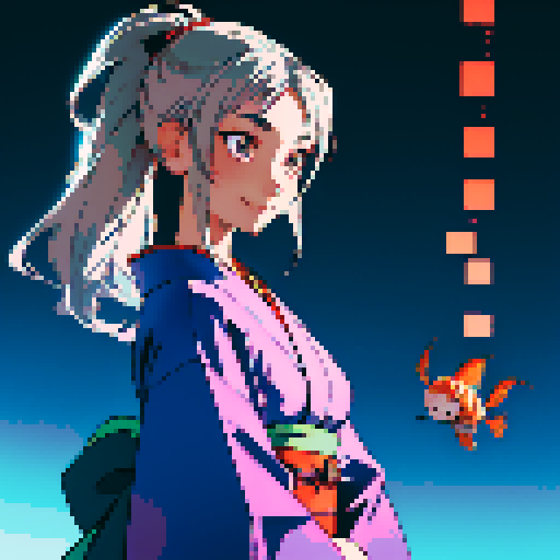Silver-haired girl wearing a traditional Japanese kimono with a ponytail hairstyle, the color of the kimono is brown She has a smiling expression, surrounded by flying glowing goldfish, against a cyberpunk night scene background in pixel art style
