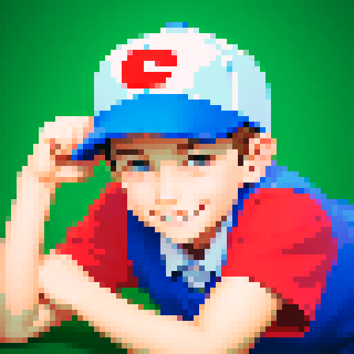 Pixelated school boy, age 10, with a smile on his face, wearing a baseball cap. Looks like Nes from Earthbound