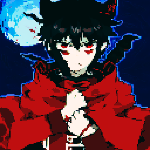 Male half-demon warrior, short black hair, captivating fusion of dark and fiery elements, red eyes reflecting fierce determination and vulnerability, attire blending traditional and modern influences from human and demon, character portrait, anime style, pixel art, close-up
