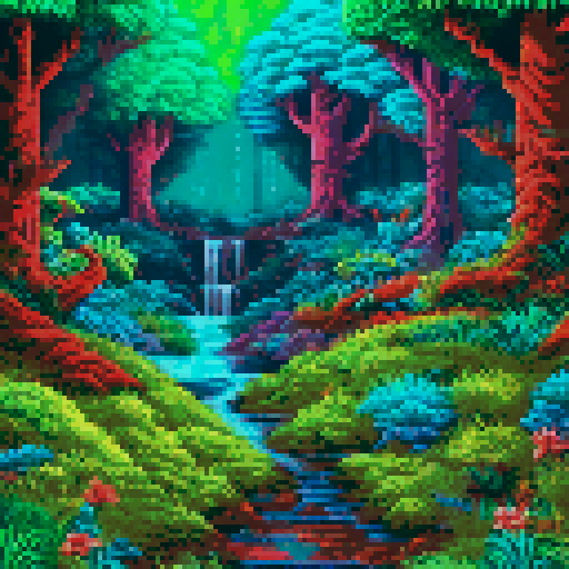 fantastical creature, vibrant colors, towering trees, radiant sunlight, whimsical flowers, babbling brook, moss-covered stones, magical mist, enchanting fireflies, cascading waterfall, mystical ruins, ancient totem, hidden treasure, sparkling dewdrops, ethereal glow, playful woodland creatures, swirling vines, floating islands, shimmering rainbow