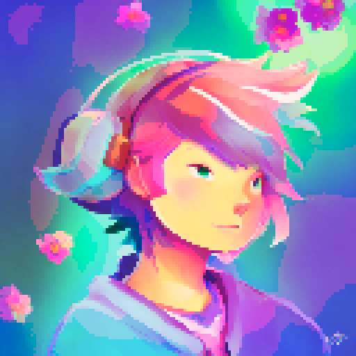 character with vibrant hair, expressive eyes, and a playful smile, surrounded by pixelated cherry blossoms and glowing neon lights, all rendered in the vibrant sRGB color space