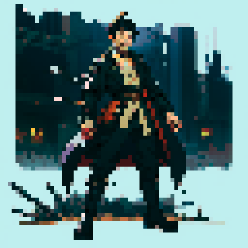 black patchy trench coat, thick boots, long black hair, satchel, male, sRGB, pixel art