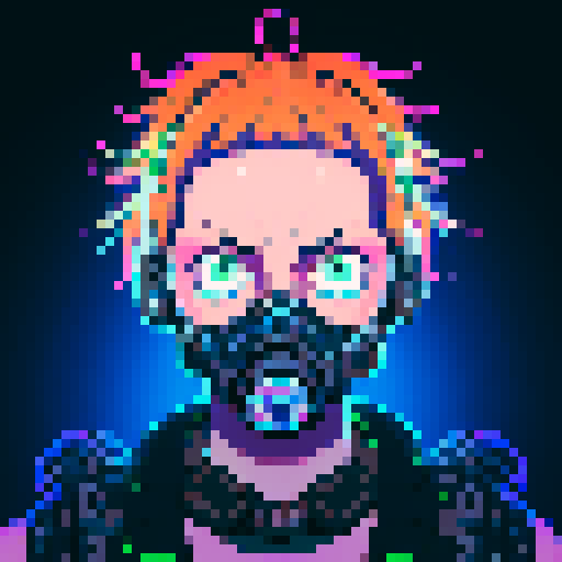 Gas mask, cool, pixel art, sRGB, vibrant colors, retro-futuristic, glowing eyes, detailed shading, intricate patterns, post-apocalyptic, cyberpunk