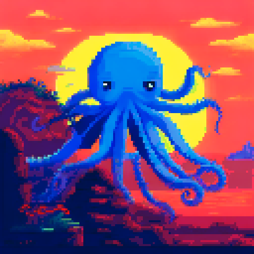 Octopus with sleek black sunglasses on a playing card, surrounded by a whimsical pixel art landscape featuring rolling hills, a tranquil blue sky, and playful sea creatures in the background