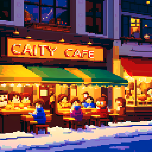 busy city cafe, winter cold, crowded tables, steaming cups, baristas brewing coffee, pixel art, sRGB