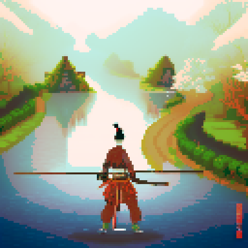 Samurai warrior, side shot, long road, reflecting pond, cherry blossom trees, Chinese pagodas, pixel art