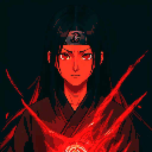 Itachi's mesmerizing, crimson Uchiha eyes radiating an intense red glow, surrounded by a mysterious black aura, evoke the enchanting visuals of a fantastical RPG character